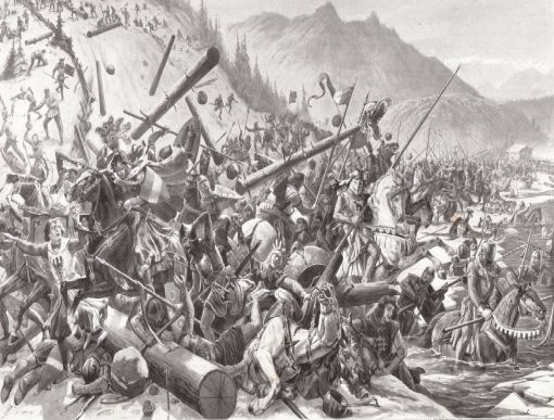 Morgarten Die Eidgenossen besiegen Leopold I., Herzog von Österreich und Steiermark. Bild: Karl Jauslin, Historienmaler (1842-1904).
