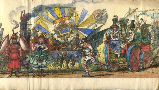 „Die Zukunftstadt Bern“ Ausschnitt aus dem handkolorierten Leporello des Historischen Umzugs, Bern 1882. (Bild: Museen Muttenz)