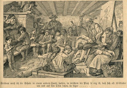 „Die Schule in der guten alten Zeit“, Illustration. In: "Eidgenössischer Nationalkalender", Aarau 1901. (Bild: Museen Muttenz) 


