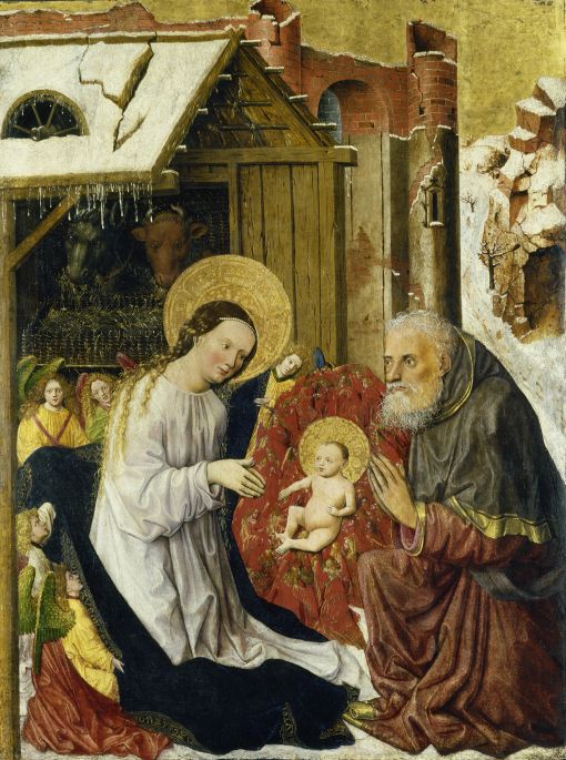 Meister der Münchner Marientafeln Meister der Münchner Marientafeln (tätig um 1450): Geburt Christi, um 1445/1450, Tempera auf Nadelholz, 107 x 80,5 cm, Kunsthaus Zürich, 1936
