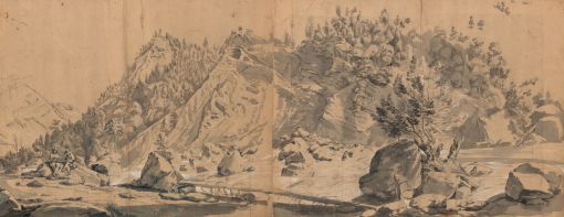 Meyer, Löntschtal Conrad Meyer, 1616–1689: Löntschtal in Glarus mit zwei Zeichnern, 1655, Feder und Pinsel in Blaugrau, weiss gehöht, 37,9 × 95,5 cm, Zentralbibliothek Zürich, Graphische Sammlung