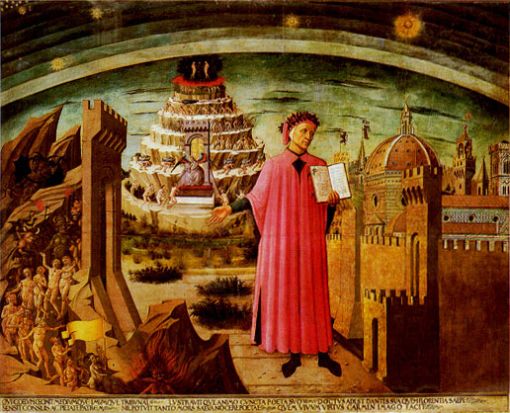 Dante Dante gilt als einer der wichtigsten Dichter des europäischen Mittelalters. Sein Hauptwerk, die „Göttliche Komödie“ („Divina Commedia“), ist auf Italienisch verfasst. Damit überwand er das dominierende Latein und machte Italienisch zur Literatur- und Kultursprache. Dante, in Florenz geboren, starb in Ravenna. (Fresko von Domenico di Michelino in Santa Maria del Fiore, Florenz 1465)