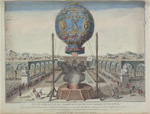 Montgolfière Zusammen mit seinem Bruder Joseph Michel erfindet er den Heissluftballon („Montgolfière“). Am 4. Juni 1783 steigt im Garten von Monsieur Réveillon in Paris der erste Mongolfière. Die Fahrt dauerte zehn Minuten. Der Ballon soll eine Höhe von 2000 Metern erreicht haben. Gut vier Monate später fand die erste bemannte Ballon-Fahrt statt. Im Bild: Der Montgolfière-Aufstieg am 15. Oktober 1783 mit dem Physiker Jean-François Pilâtre de Rozier. Der Ballon erreichte eine Höhe von 26 Metern und war mit Seilen am Boden befestigt. (Foto: PD)