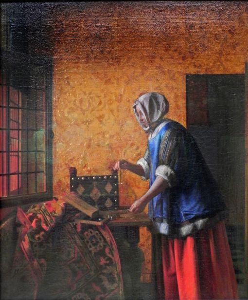 de Hooch Goldwägerin Pieter de Hooch: Die Goldwägerin, um 1664, Öl auf Leinwand, 61 x 53 cm, Gemäldegalerie der Staatlichen Museen zu Berlin (Foto: Wikimedia)