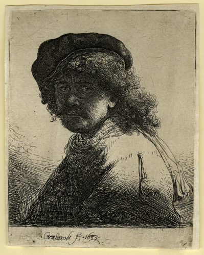 Rembrandt Harmensz. van Rijn (1606–1669): Selbstporträt mit Mütze und Schärpe, das Gesicht im Schatten, 1633; Radierung 13,2 x 10,9 cm; Cabinet d’arts graphiques des Musées d’art et d’histoire MAH, Genève, N° d'inventaire: E 2004-0110