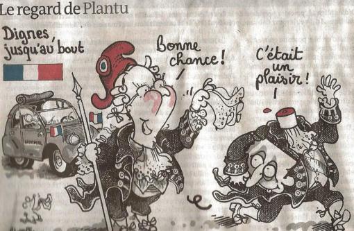 Sarko 13 Beissender Spott. Wie Plantu, der Star-Karikaturist der linksliberalen französischen Zeitung "Le Monde", den Abschied von Staatspräsident Nicolas Sarkozy sieht. Unter dem Titel "Würdig bis zum Schluss" sagt Frankreich: "Viel Glück". Antwort Sarkozy: "Es war mir ein Vergnügen".