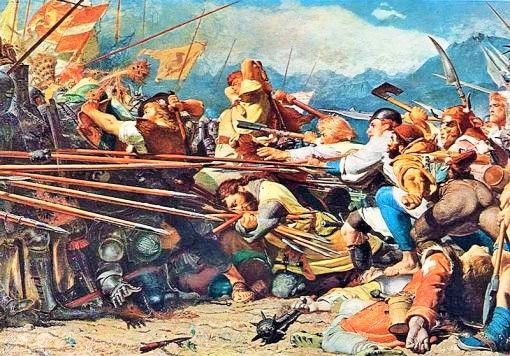 Sempach Angeführt von Luzern und unterstützt von Uri, Schwyz, Unterwalden, Zug, Zürich, Bern, Solothurn und Gersau schlagen die Eidgenossen Leopold III., Herzog von Österreich, Steiermark und Kärnten. Leopold fällt im Kampf. Das Gemälde von Konrad Grob (1828-1904) zeigt den Tod Winkelrieds.