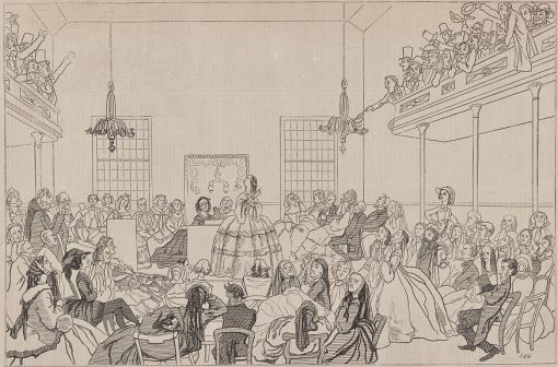 Eine Karikatur der Zusammenkunft in Seneca Falls im Harper’s Weekly aus dem Jahr 1859.