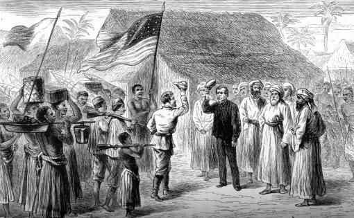 Stanley trifft Livingstone „'Dr. Livingstone, I presume?' - 'Yes', said he, with a kind smile, lifting his cap slightly.“ – Der Journalist Henry Morton Stanley wurde in New York beauftragt, den als verschollen geltenden schottischen Afrikaforscher und Missionar zu suchen. Er trifft ihn endlich am Tanganikasee.