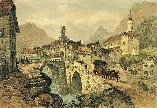 Hospental Hospental mit Gotthard-Postkutsche auf der neuen Fahrstrasse, 1830. Rechts im Bild: Säumer auf dem alten Saumpfad, die den Berg hinaufsteigen. Kolorierte Lithographie von Georges Barnard 1843
