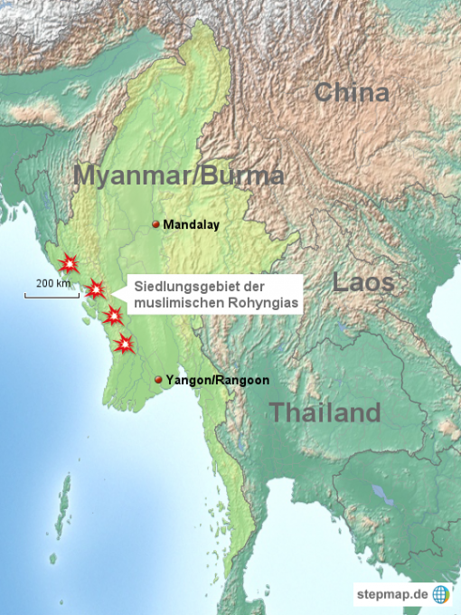 Die rechtlose Minderheit von einer Million muslimischer Rohyngias im burmesischen Grenzstaat Rakhine ist schutzlos der buddhistischen Bevölkerungsmehrheit ausgeliefert.
Karte: stepmap.de/Journal21