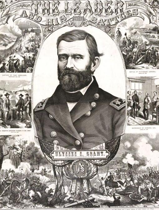 Ulysses S. Grant, Generalleutnant der nördlichen Unionstruppen. Nach den gewonnenne Schlachten bei Vicksburg und Gettysburg wird er von Präsident Lincoln  zum Oberbefehlshaber der nördlichen Streitkräfte ernannt. Grant hat wesentlichen Anteil am Sieg des Nordens. Publiziert von Harris &amp; Lubrecht, Boston. Im Hintergrund sieht man Szenen aus den gewonnen Schlachten von Vicksburg und Appomattox.