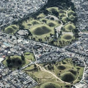 Die Silla-Tumuli - Hügelgräber der Silla-Könige
Scheinbar wahllos im Gelände verstreute Grabhügel prägen die Landschaft Südkoreas. Wirklich wahllos sind die Orte der Bestattungen allerdings nicht. Bevorzugt werden Kämme und Berghänge; Tallagen sind verpönt. Obwohl Reis im Ahnenritual eine Rolle spielt, ist die Nähe der Grabhügel zu Reisfeldern unerwünscht. Gefürchtet wird vermutlich die Bodenfeuchtigkeit, die in der Umgebung der durch Überstauung bewässerten Reisfelder unvermeidlich ist. In einer koreanischen Erzählung bestattet ein Sohn irrtümlich seine Mutter neben einem Reispaddy. Noch heute, heisst es, klagt die Mutter mit der Stimme der quäkenden Frösche ihr Leid. Der Regierung ist die herkömmliche Tumulus-Bestattung ein Ärgernis.

Sie versucht mit zentralen Friedhöfen für Hügelgräber diese wenigstens zu konzentrieren. Aber am liebsten sähe sie die allgemeine Feuerbestattung, doch lässt sich diese auf dem Land als mit der konfuzianischen Eltern- und Ahnenverehrung unvereinbar schwer durchsetzen. Die Kremation trifft ja nach altem Brauch den Unglücklichen, der ohne leibliche Nachkommen stirbt und daher auf die regelmässigen Respektbezeugungen an seinem Grab von vornherein verzichten muss. Ungetrübte Freude macht der Regierung, und da namentlich dem Tourismusdepartement, eine Gruppe von Hügelgräbern im Zentrum der Stadt Gyeongju.

Sie rückten zusammen mit andern geschichtlichen Stätten in und um die Stadt im Jahr 2000 ins Pantheon des Welterbes auf. Der Tumuli-Park vereint Hügelgräber von Silla-Königen, Angehörigen ihrer Familie und Würdenträgern aus der Zeit vor der Reichseinigung. Die Rasenkuppen wölben sich bis zu 25 m hoch über einer gezimmerten, mit lehmverklebtem Geröll zusätzlich gesicherten Sargkammer. Gyeongju war auch als „Goldfestung“ bekannt. Natur und Zahl der Schmuckstücke, die die archäologische Durchforschung der Fundstätten ans Licht brachte, überraschen daher wenig. Der Tumulus Cheonmachong, d.h. „Grabstätte des himmlischen Pferdes“ nach einem Wandbild in der Grabkammer, allein belohnte die Archäologen l973 mit 12 000 Artefakten, einschliesslich einer goldenen Krone.

Das Fehlen von Gängen hatte die Grabhügel vor Plünderung geschützt. Die Könige Alt-Sillas herrschten seit 57 v. Chr. über den Südosten der Halbinsel. Im Jahr 668 brachten sie sie ganz unter ihre Herrschaft. Gyeongju wurde für gut zwei Jahrhunderte die Hauptstdt Gross-Sillas – im nationalen Selbstverständnis des heute zweigeteilten Korea eine lebendige, herausfordernde Erinnerung. – Jahr des Flugbilds: 1992 (Copyright: Georg Gerster/Keystone)
