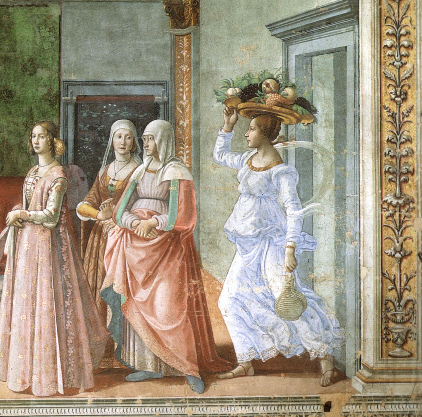 Ghirlandaio, Geburt Johannes des Täufers, Ausschnitt. Rechts die Figur der Magd, von Aby Warburg als «Nympha» bezeichnet