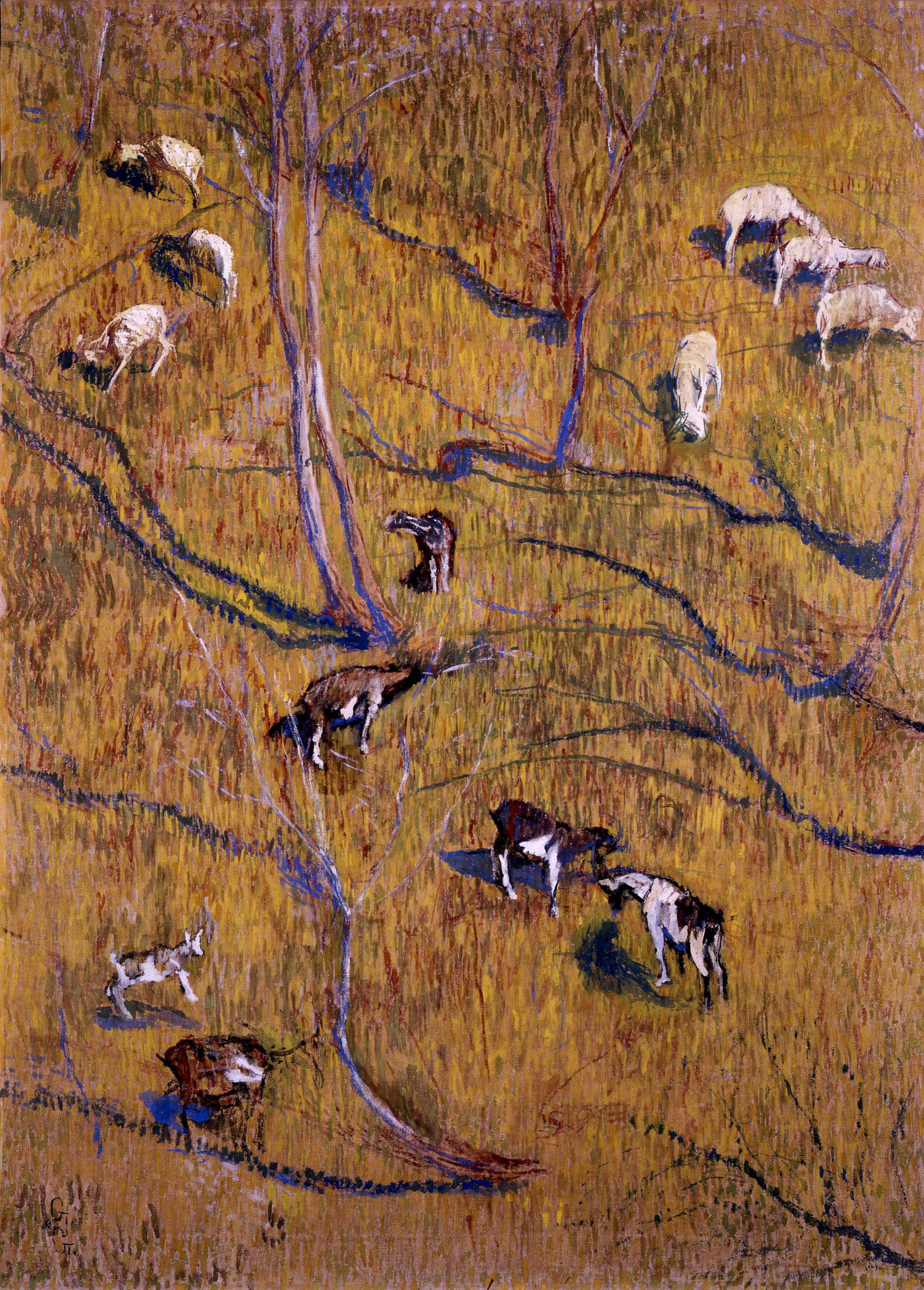 Giovanni Giacometti: Sonniger Hang mit Ziegen und Schafen, 1900, Öl auf Leinwand, 115 x 80 cm, Bündner Kunstmuseum Chur, Ankauf, Foto: Stephan M. Schenk