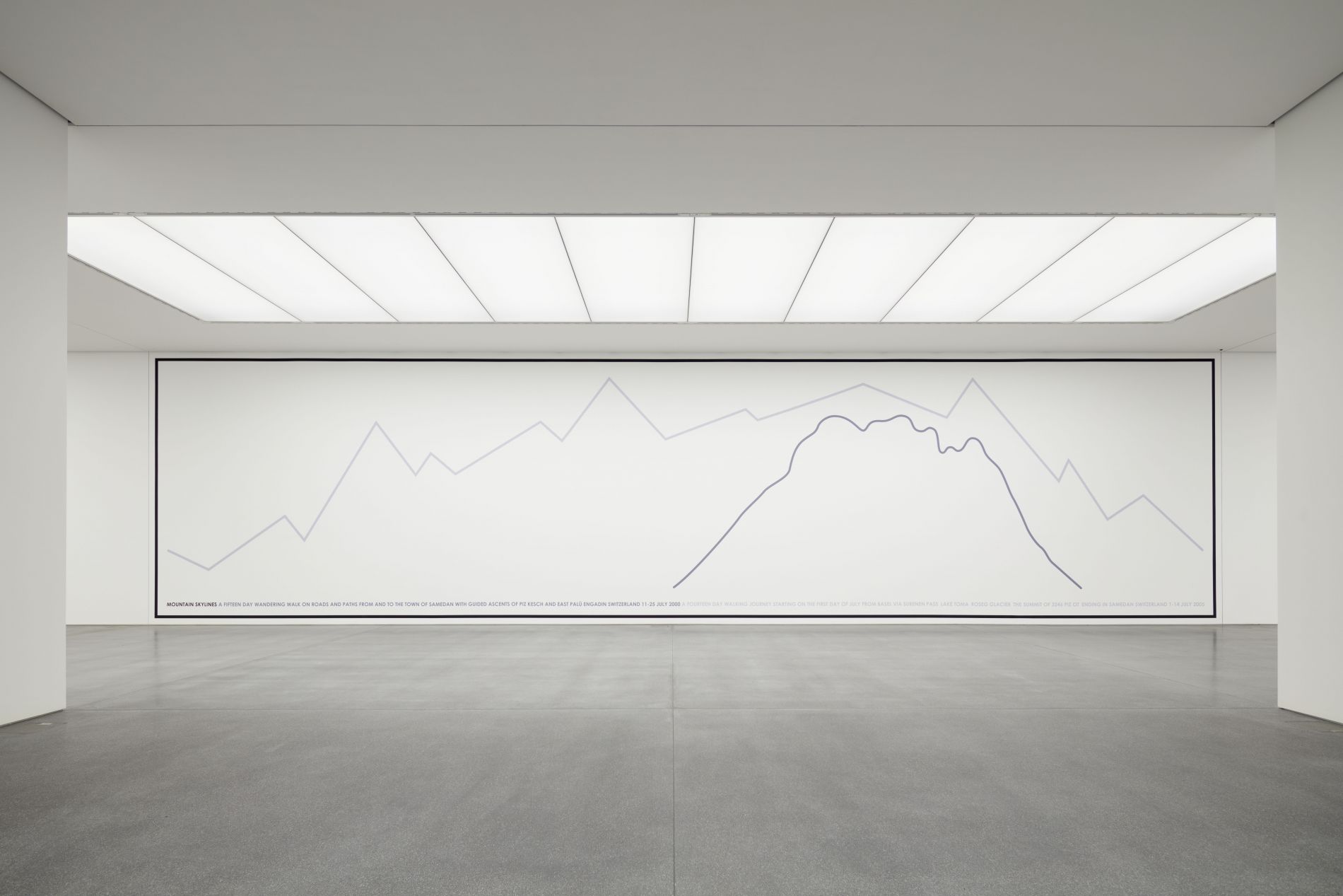 Hamish Fulton: Mountain Skylines, 2016, Wandbild im Bündner Kunstmuseum Chur, Dispersionsfarbe auf Wand, 450 x 1780 cm, Courtesy Galerie Tschudi, Zuoz, © Foto: Ralph Feiner