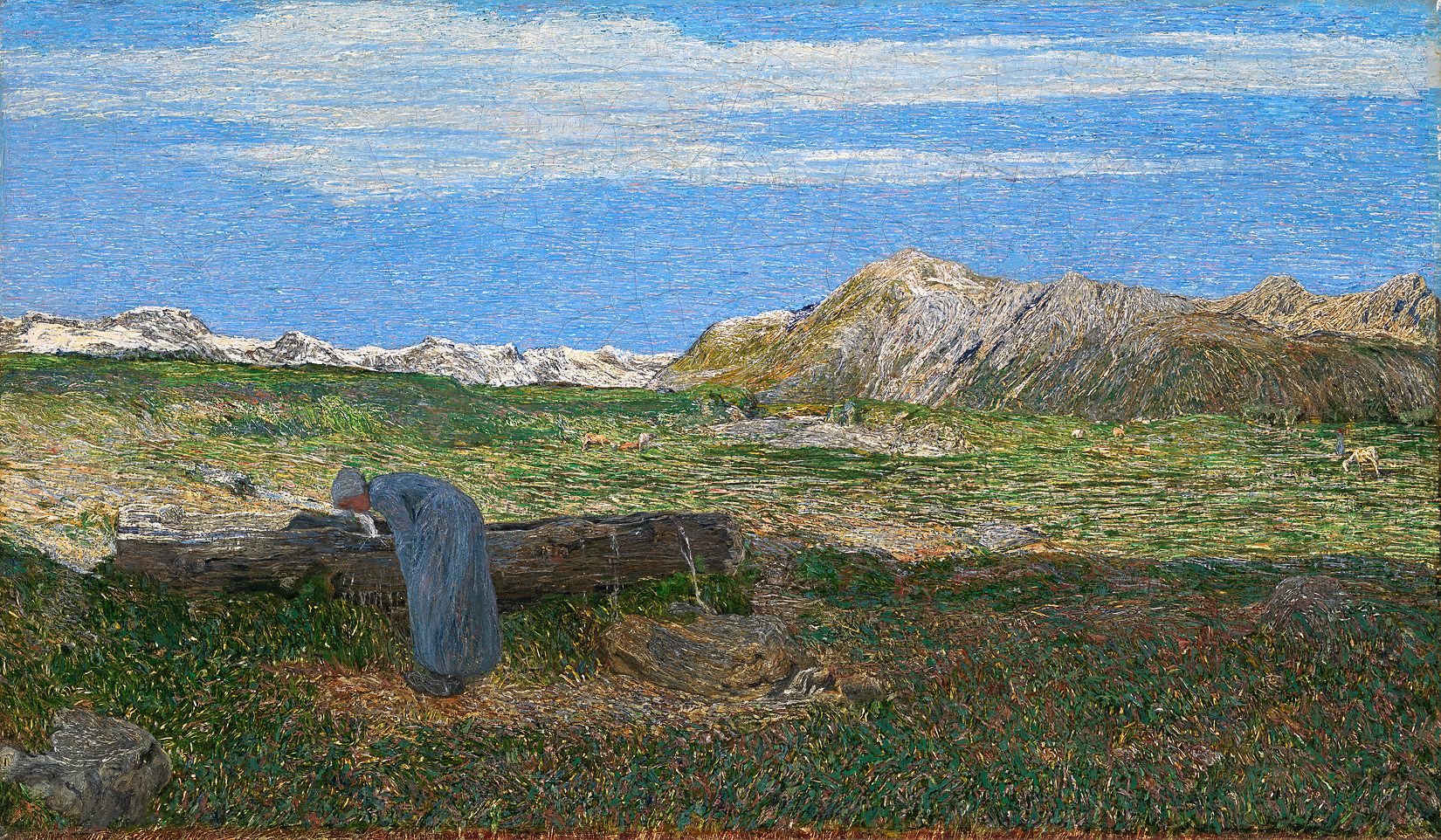 Giovanni Segantini (1858–1899): Alpenlandschaft mit Frau am Brunnen, um 1893, Öl auf Leinwand, 71,5 x 121,5 cm, Museum Oskar Reinhart, Foto: SIK-ISEA, Zürich (Philipp Hitz)