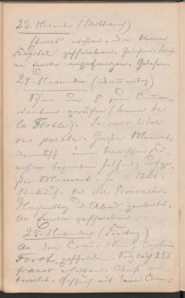 Fontanes Notizbuch 24. November Fontanes Notizbuch: «24. November (Donnerstag) Schon um 8 zum Commandanten gerufen (Baron de la Flotte). Je suis libre sur parole» (Theodor Fontane: Notizbücher, hrsg. von Gabriele Radecke https://fontane-nb.dariah.eu/index.html)