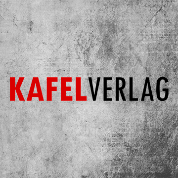 Grauser Steinhintergrund und davor das Logo des Kafel Verlags in rot und schwarz
