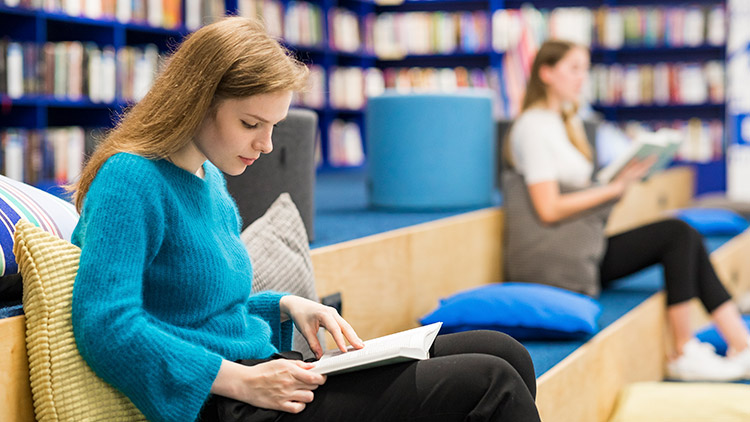 Bücher, Lektüre, Teenagerinnen, Sitzbank, Bücherregale, Bibliothek, Frau