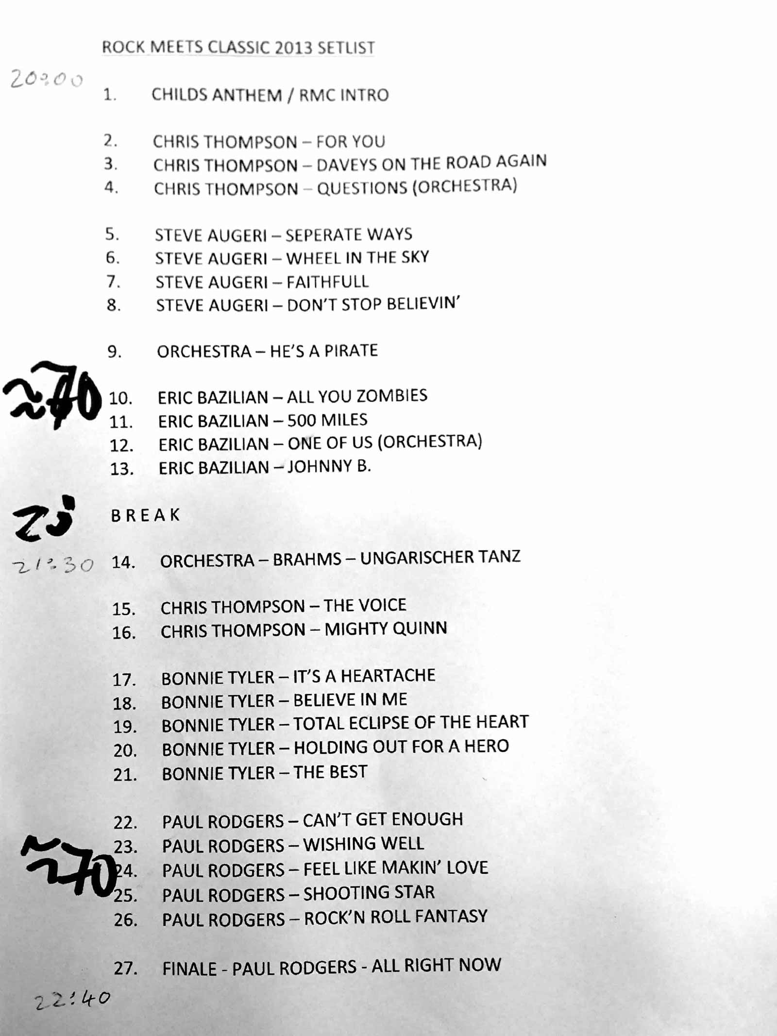 Rock Classic Set List